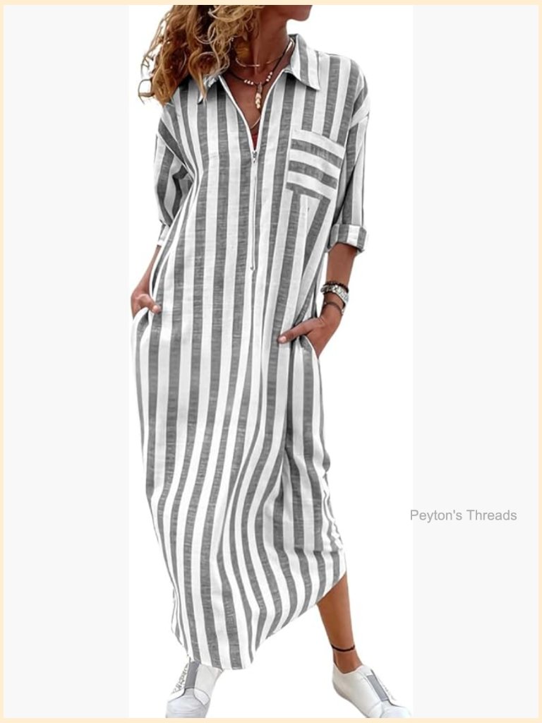 Striped 3/4 Sleeve Half Zip Maxi Shirt Dress Casual Shift Dress With Pockets